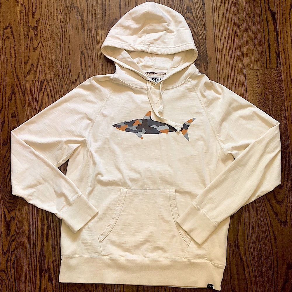 TECH STYLES Men's Ivory Hoodie With Patchwork Shark NY Aquarium Brooklyn Sz XL
